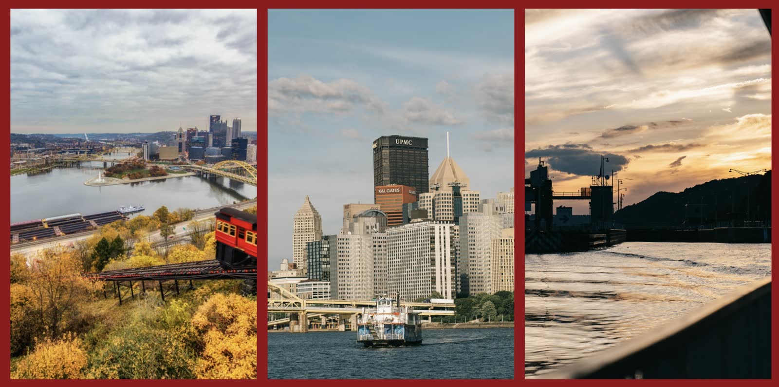 Three fall photos of Pittsburgh: the Duquesne Incline above autumn trees and the Point, a Gateway Clipper boat in front of the downtown skyline, and a river lock at sunset