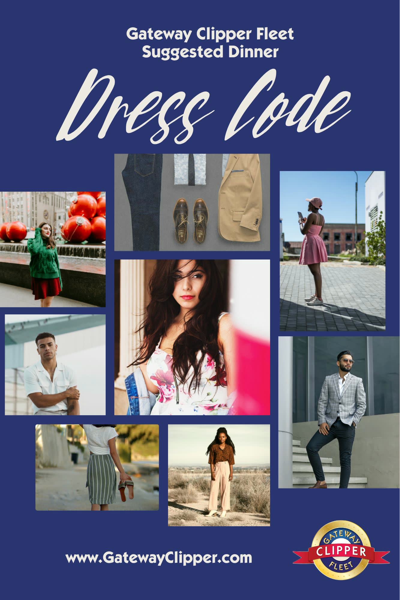 A Gateway Clipper dress code collage showing casual sightseeing outfits and dressy casual dinner cruise outfits