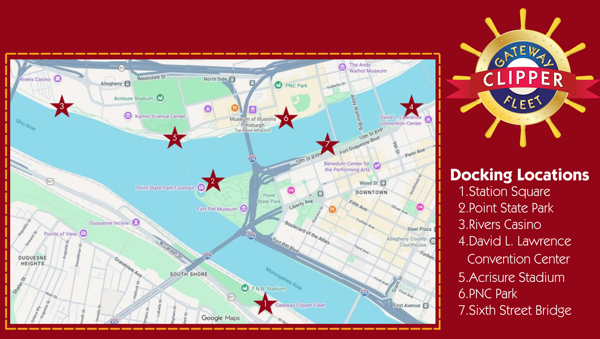 Gateway Clipper Fleet map of Pittsburgh's rivers with stars at our docking locations: 1 Station Square, 2 Point State Park, 3 Rivers Casino, 4 David L. Lawrence Convention Center, 5 Acrisure Stadium, 6 PNC Park, 7 Sixth Street Bridge