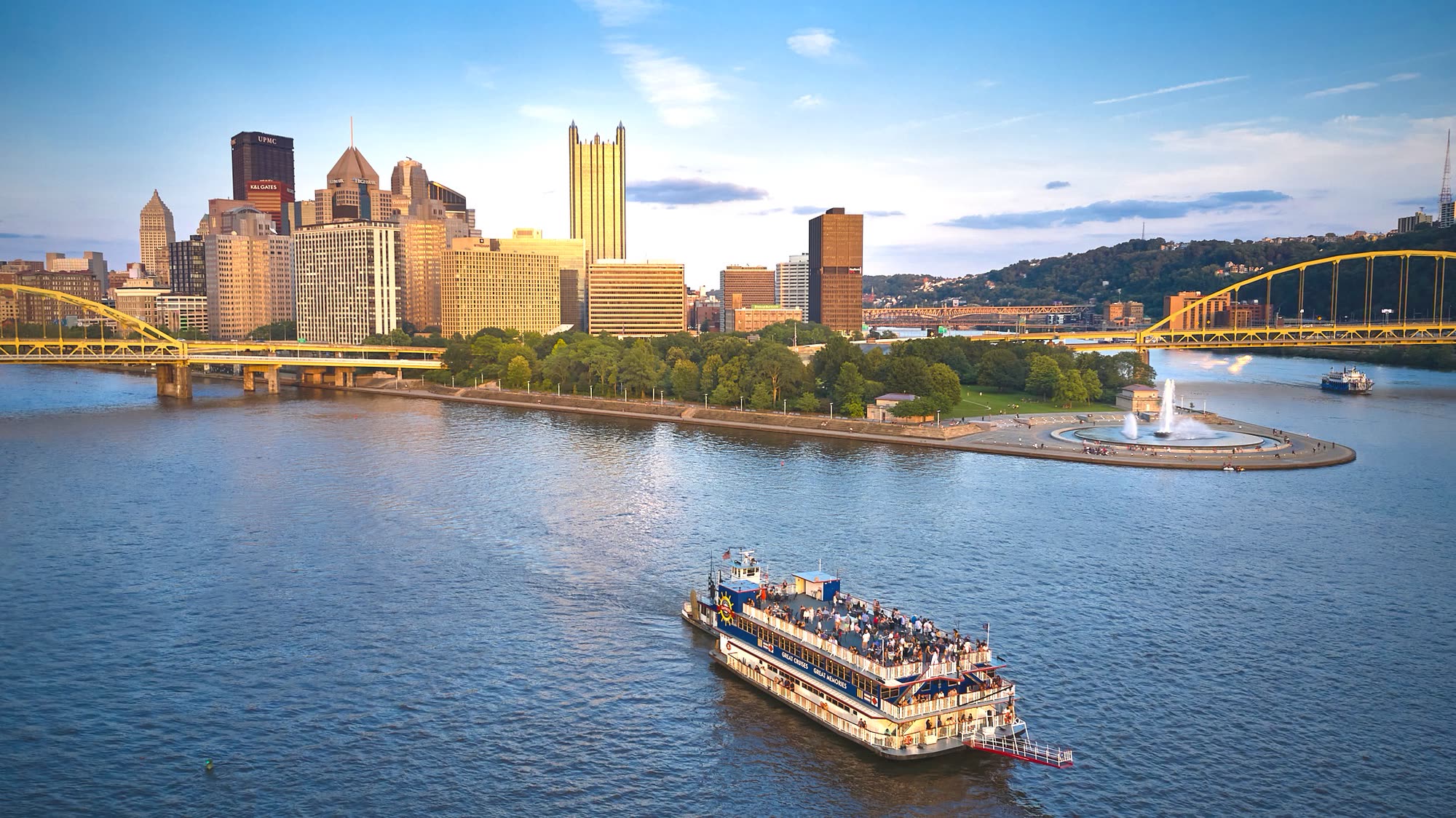The Empress riverboat near the Point in Pittsburgh at golden hour