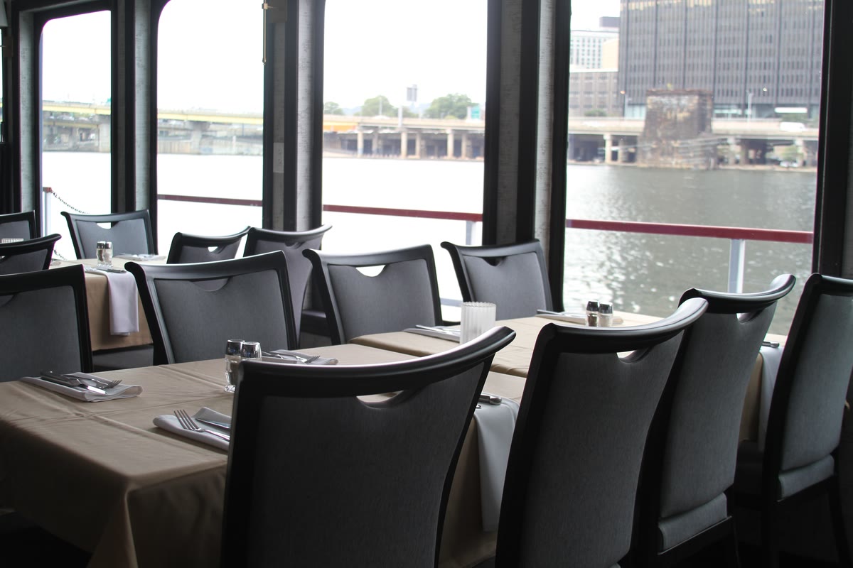The main dining room with river views