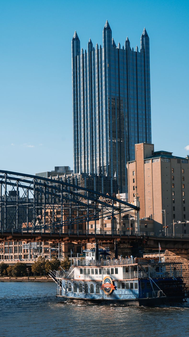 A riverboat on the Monongahela below PPG Place and the Smithfield Street Bridge