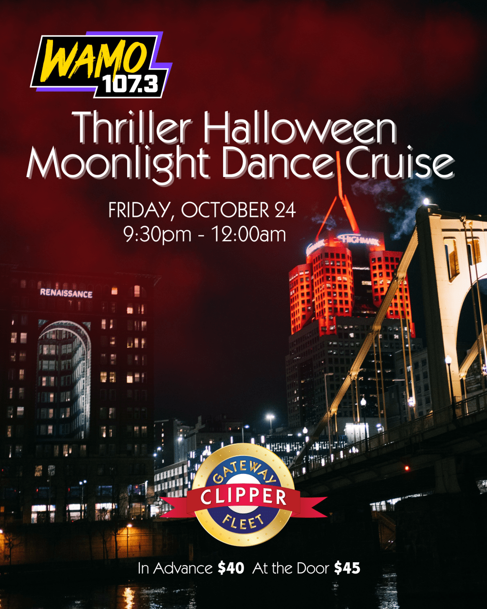 Flyer for Thriller Halloween Moonlight Dance Cruise on October 24, 9:30pm-12am, by Gateway Clipper Fleet.