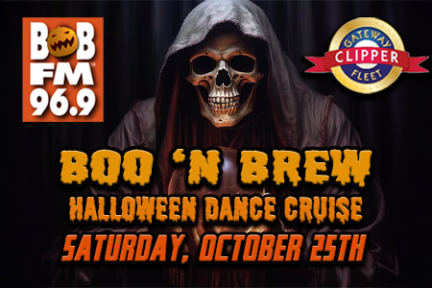 Event poster with grim reaper, 'BOO 'N BREW Halloween Dance Cruise, Saturday, October 25th' text.