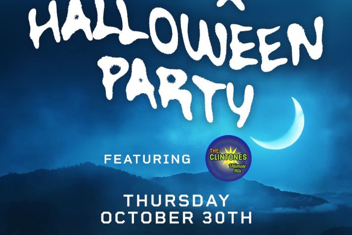 Halloween party poster with moonlit scene, boat, and event date October 30th.
