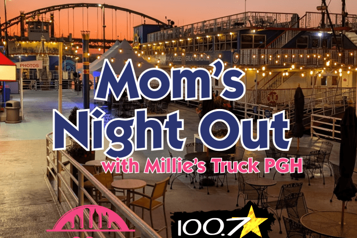 Evening event setup with string lights, tables, and 'Mom's Night Out' text in foreground.